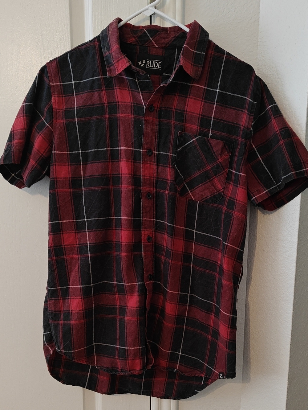 Short Sleeve Red & Black Plaid Button Down